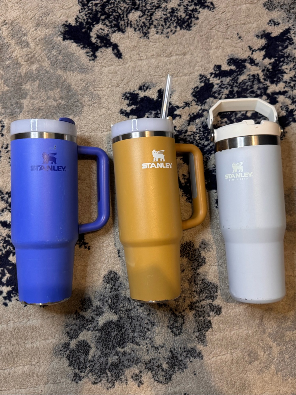 Stanley 3-Pack Travel Mugs in Blue, Mustard, Light Gray